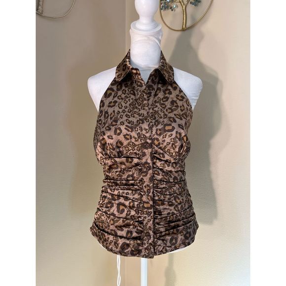 Guess Sexy Leopard Print Satin Button Front Halter Top Medium - Picture 3 of 8